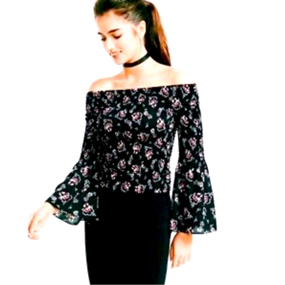 WOMENS EXPRESS OFF THE SHOULDER BELL SLEEVE BLACK & ROSE STRETCH BLOUSE